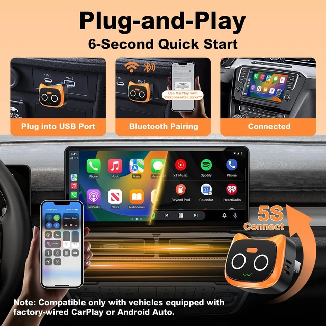 Alt view image 3 of 5 - Fenpos 2 in 1 Wireless CarPlay and Android Auto Adapter, Easy Setup Plug and Play, Fast Seamless Use Supports 1000+ Cars with Built-in Wired Car Play/Android Auto Compact Design Car Adapter