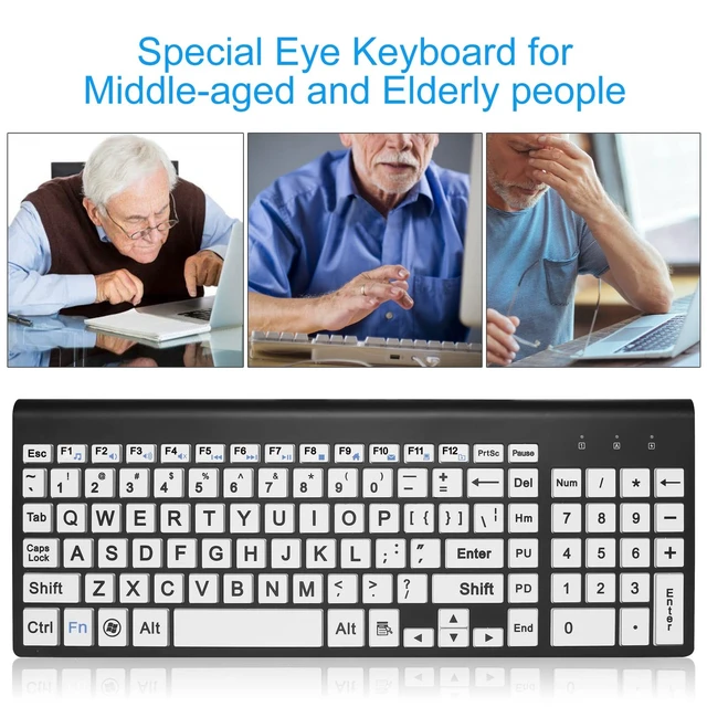 Alt view image 2 of 5 - HXMJ-Wireless Large Print Keyboard and Mouse Set with USB Receiver^^ Quiet Scissor Switch ^^ for Seniors and Visually Impaired Low Vision Individuals-White