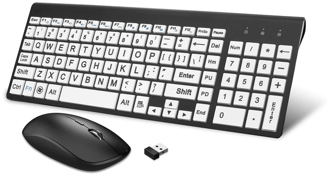 Main image of HXMJ-Wireless Large Print Keyboard and Mouse Set with USB Receiver^^ Quiet Scissor Switch ^^ for Seniors and Visually Impaired Low Vision Individuals-White