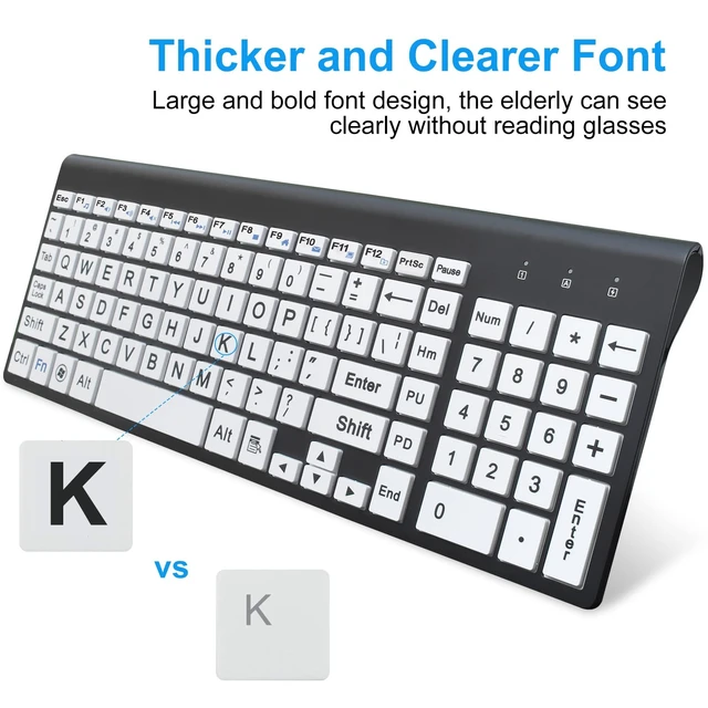 Alt view image 4 of 5 - HXMJ-Wireless Large Print Keyboard and Mouse Set with USB Receiver^^ Quiet Scissor Switch ^^ for Seniors and Visually Impaired Low Vision Individuals-White