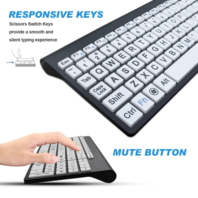 Alt view image 5 of 5 - HXMJ-Wireless Large Print Keyboard and Mouse Set with USB Receiver^^ Quiet Scissor Switch ^^ for Seniors and Visually Impaired Low Vision Individuals-White