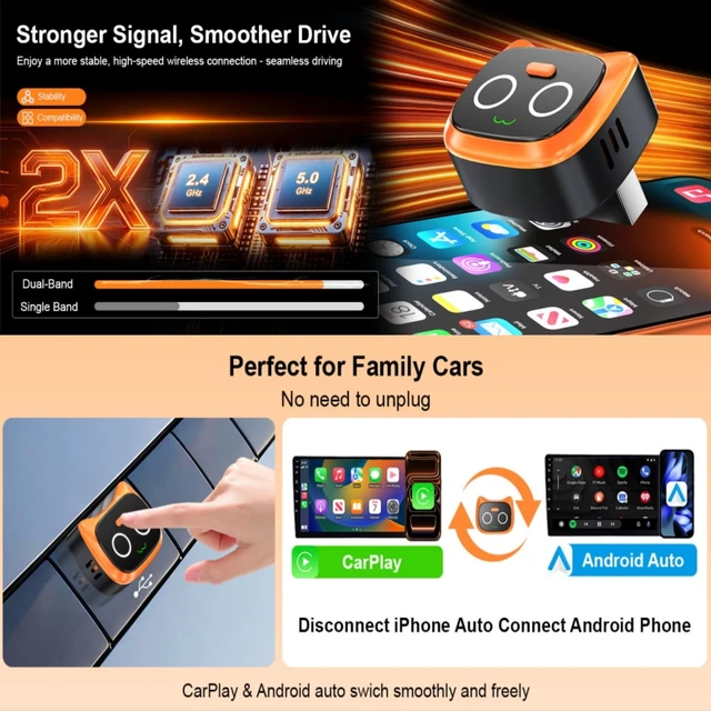 Alt view image 5 of 5 - Fenpos 2 in 1 Wireless CarPlay and Android Auto Adapter, Easy Setup Plug and Play, Fast Seamless Use Supports 1000+ Cars with Built-in Wired Car Play/Android Auto Compact Design Car Adapter