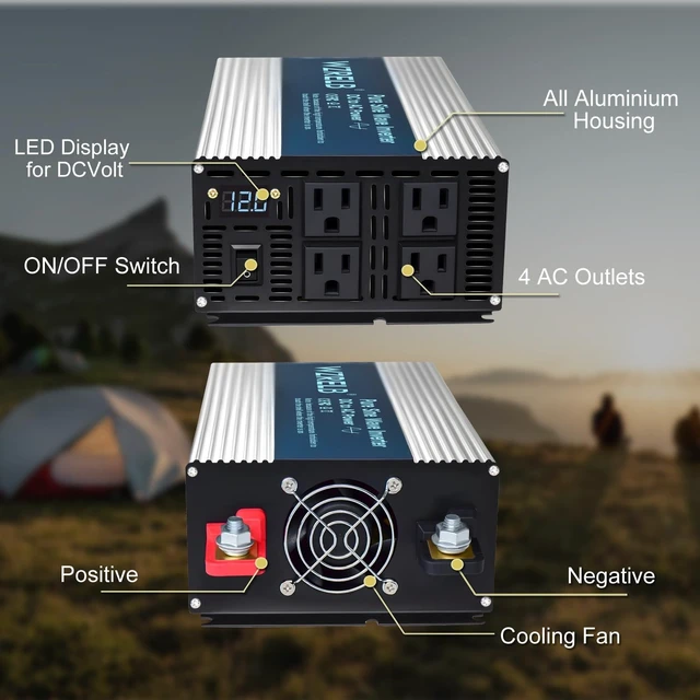 Alt view image 4 of 5 - WZRELB 1800W Pure Sine Wave Inverter 24V DC to 110V 120V AC,Car Power Inverter with 4 AC Outlets, LED Display,Off-Grid Portable Power Converter for Home, RV, Truck, Camping