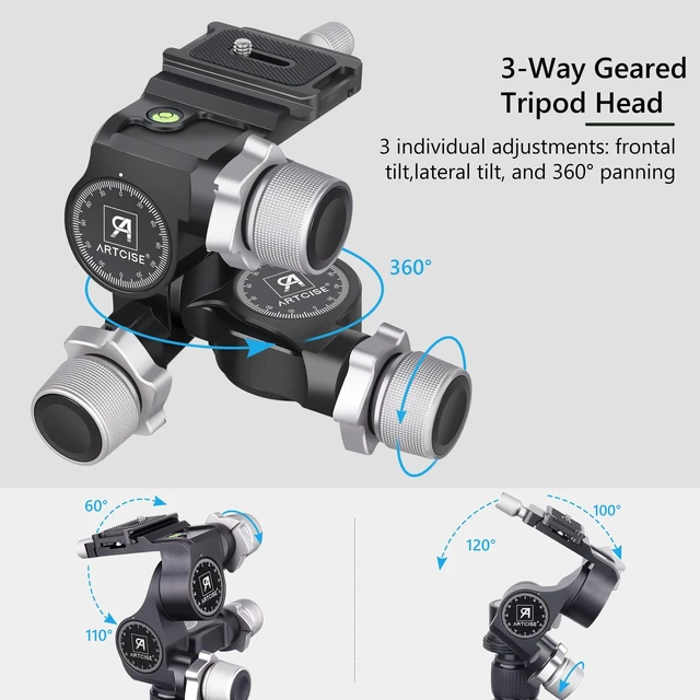 Alt view image 3 of 5 - ARTCISE 3-Way Geared Tripod Head, Precision Geared Head with Millimeter Micro-Adjustment, 3 Axis Pan Tilt Head for Macro & Product Photography, 13.2lbs/6kg Load Capacity, CNC Aluminum Alloy