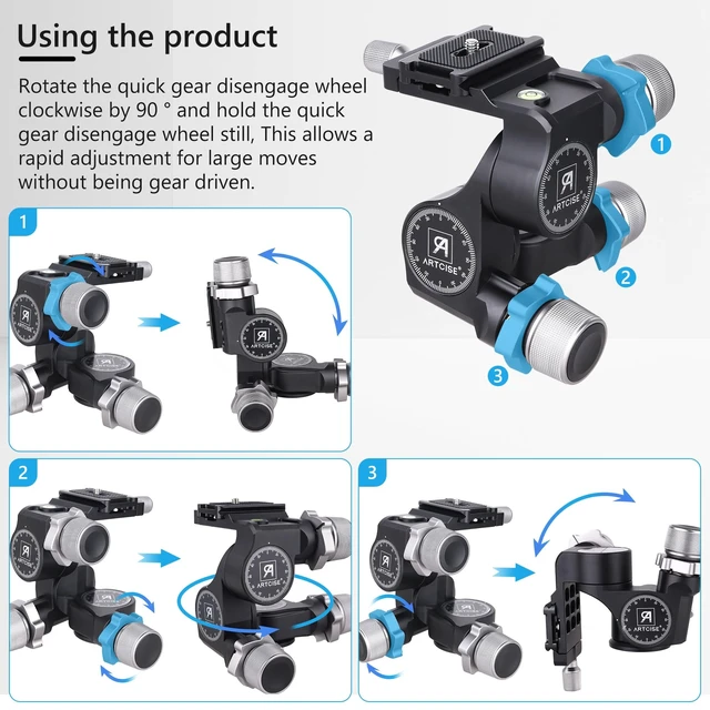 Alt view image 4 of 5 - ARTCISE 3-Way Geared Tripod Head, Precision Geared Head with Millimeter Micro-Adjustment, 3 Axis Pan Tilt Head for Macro & Product Photography, 13.2lbs/6kg Load Capacity, CNC Aluminum Alloy