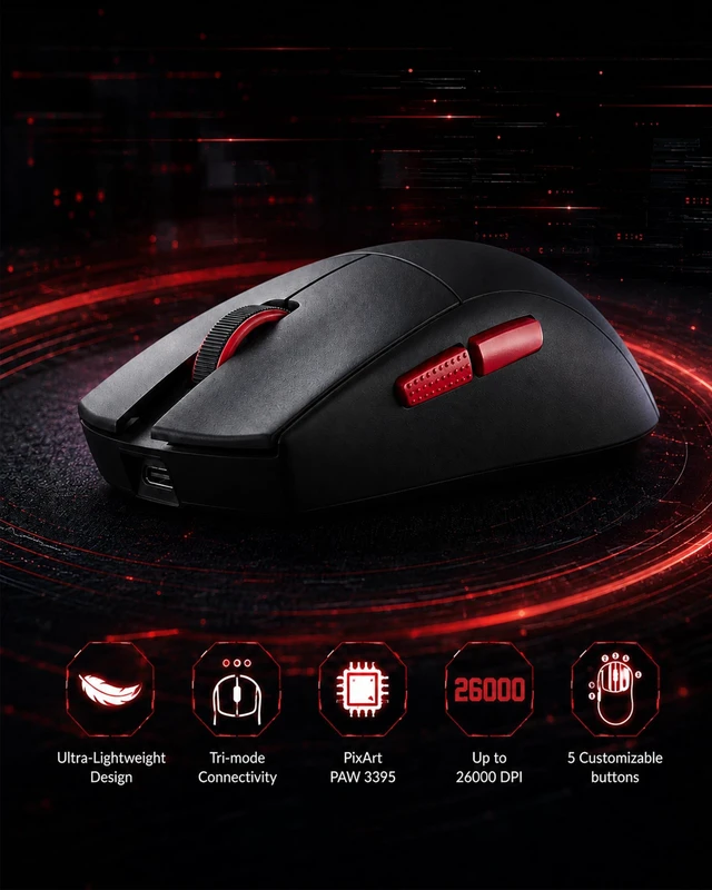 Alt view image 2 of 5 - RED SAMURAI Wireless Gaming Mouse, 51g Ultra-Light, Tri-Mode,Black
