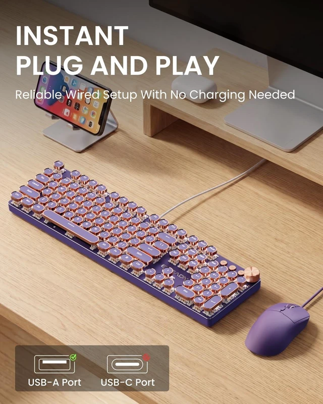 Alt view image 5 of 5 - Wired Typewriter Keyboard and Mouse Combo, White Backlit, Soft Clack, Green