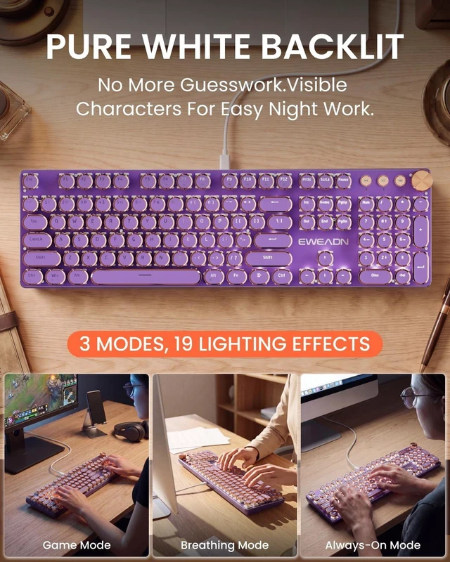Alt view image 3 of 5 - Wired Typewriter Keyboard and Mouse Combo, White Backlit, Soft Clack, Green