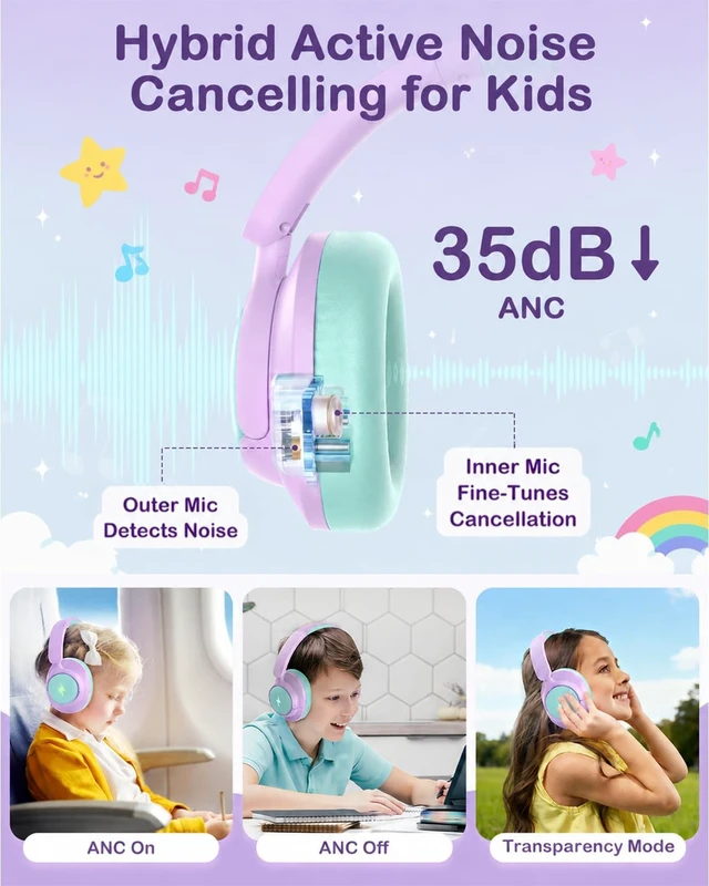 Alt view image 3 of 5 - Qozybuds Active Noise Cancelling Wireless Kids Headphones, Kids Bluetooth 6.0 Headphones, Safe Volume 94dBA Headphones for Kids, 100H Playtime, Type C Fast Charging, LED for iPad, School, Trave