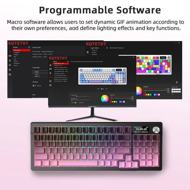 Alt view image 3 of 5 - Mciepny KUTETHY KY95 Wireless Mechanical Keyboard,LCD Screen & Knob,Tri-Mode BT5.0/2.4GHz/USB-C Hot Swappable Custom,Pre-lubed Kailh Linear Switches,95 Keys RGB Gaming Keyboard(BlackBerry Gradi