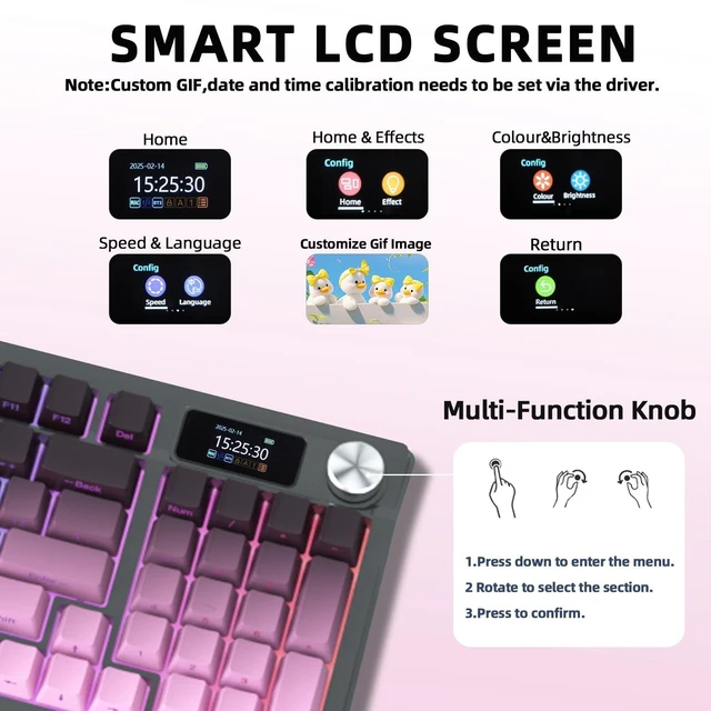 Alt view image 2 of 5 - Mciepny KUTETHY KY95 Wireless Mechanical Keyboard,LCD Screen & Knob,Tri-Mode BT5.0/2.4GHz/USB-C Hot Swappable Custom,Pre-lubed Kailh Linear Switches,95 Keys RGB Gaming Keyboard(BlackBerry Gradi