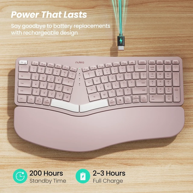 Alt view image 3 of 5 - Nulea RT05 Wireless Ergonomic Keyboard, Split Keyboard with Wrist Rest, USB-C Charging, 7-Color Backlight, Natural Typing, Bluetooth and USB Connectivity, Compatible with Windows/Mac(Pink)