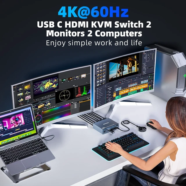 Alt view image 3 of 5 - USB C HDMI KVM Switch 2 Computers 2 Monitors 4K@60Hz for 1 PC and 1 Laptop Sharing 2 Monitor and 4 USB3.0 Devices, PD Power for Laptop with Wired Remote Control and USB Cables