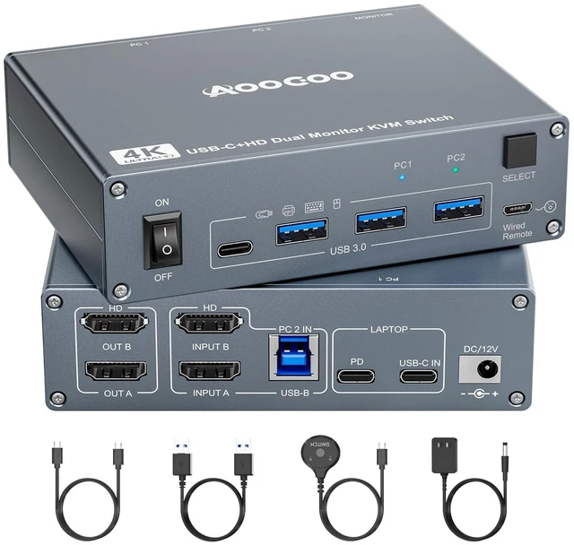 Main image of USB C HDMI KVM Switch 2 Computers 2 Monitors 4K@60Hz for 1 PC and 1 Laptop Sharing 2 Monitor and 4 USB3.0 Devices, PD Power for Laptop with Wired Remote Control and USB Cables