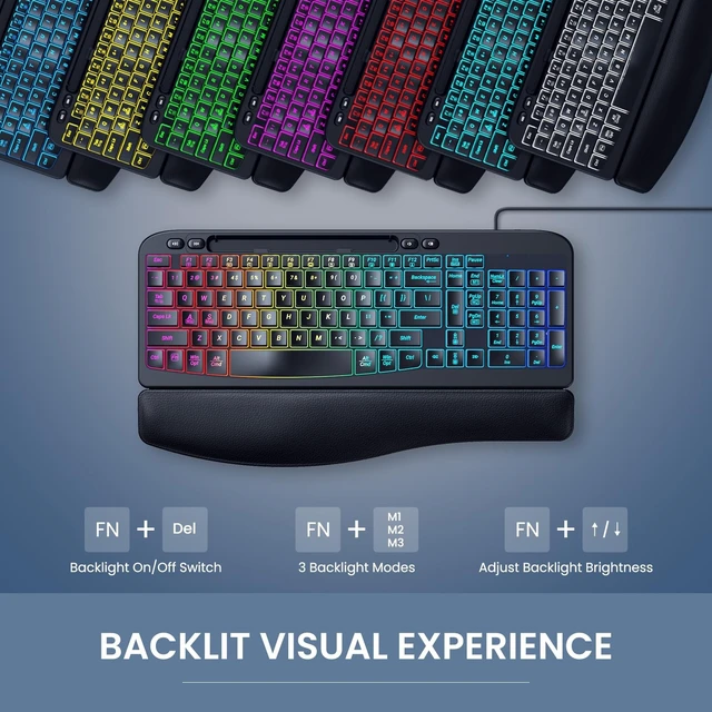 Alt view image 5 of 5 - Ergonomic Keyboard, Wired Backlit Computer Keyboard with Wrist Rest, Black