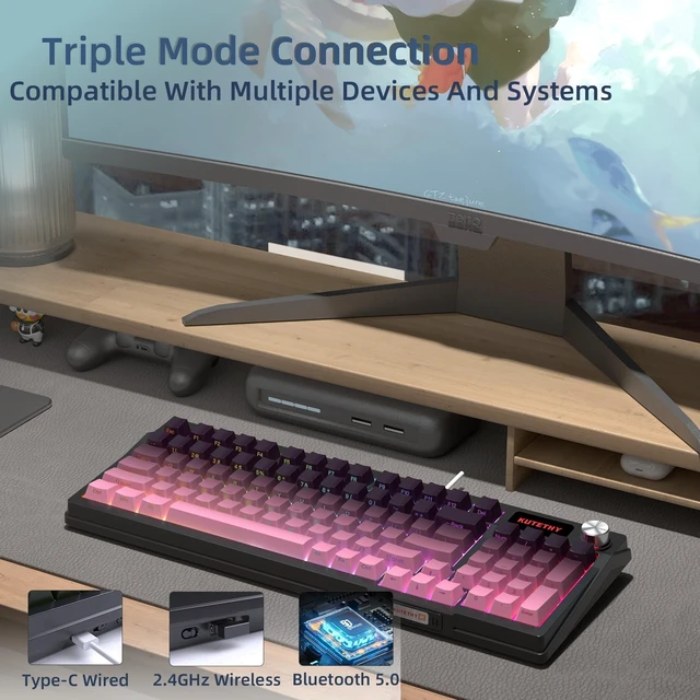 Alt view image 5 of 5 - Mciepny KUTETHY KY95 Wireless Mechanical Keyboard,LCD Screen & Knob,Tri-Mode BT5.0/2.4GHz/USB-C Hot Swappable Custom,Pre-lubed Kailh Linear Switches,95 Keys RGB Gaming Keyboard(BlackBerry Gradi