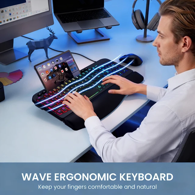 Alt view image 3 of 5 - Ergonomic Keyboard, Wired Backlit Computer Keyboard with Wrist Rest, Black