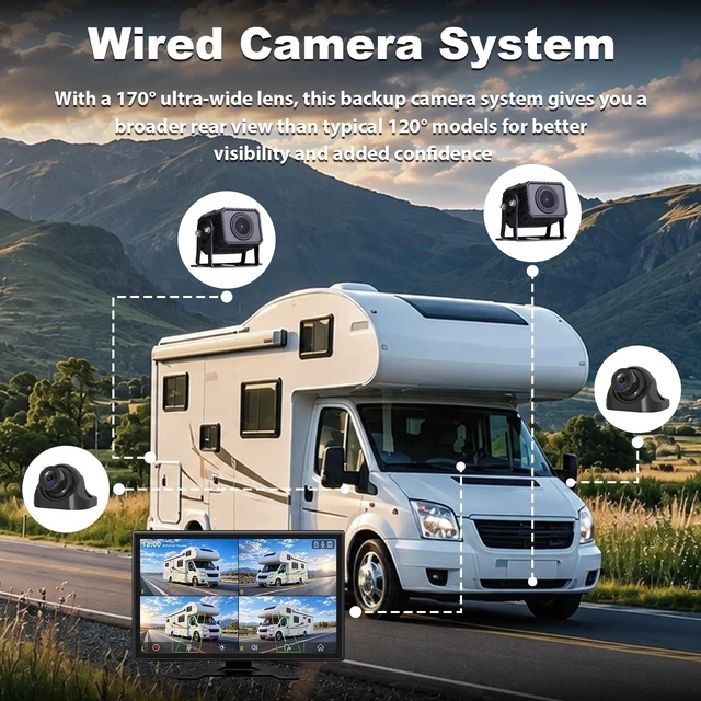 Alt view image 2 of 5 - 1080P 4-Wired Backup Camera System with for Semi Truck, Trailer, Camper, Pickup, Bus, RV, Plug and Play, 10" HD Touch DVR Quad Split Monitor 4 Side Rear View Camera, IP69K Waterproof IR Night Vision