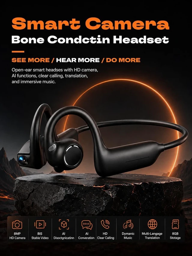 Alt view image 2 of 5 - E12 Bone Conduction Headphones with Camera, Open-Ear Bluetooth Earbuds