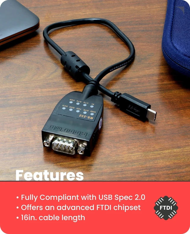 Alt view image 5 of 5 - Gearmo USB-C to RS-232 Serial Adapter, FTDI Chip, LED Indicators, High-Speed Data Transfer, Supports Windows 11/10/8/7 - Mac - Linux, 16in Cable