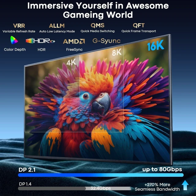 Alt view image 2 of 5 - Reborn USB C to DisplayPort 2.1 Cable 16K, 80Gbps Uni-Directional 10FT