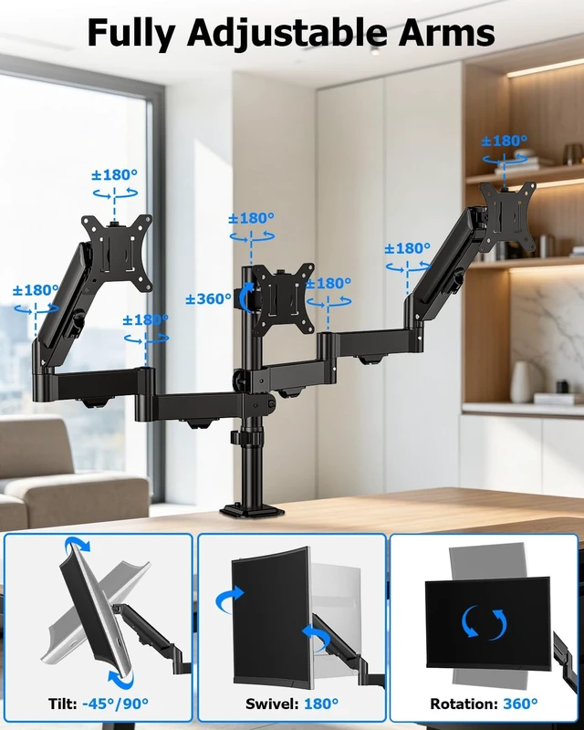 Alt view image 4 of 5 - FORGING MOUNT Triple Monitor Mount for 13 to 32 inch Screens, Adjustable 3 Monitor Desk Mount, Triple Monitor Stand with Swivel, Tilt, Rotation, Clamp & Grommet Kit