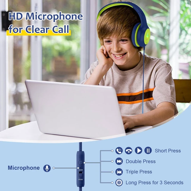 Alt view image 4 of 5 - Voopwink Kids Headphones Wired with Microphone, USB Type C Headphones for Kids Girls Boys with Cord/LED Lights/85/94dB Volume Limit, Portable Over Ear Headphones for School/Travel/Tablet/iPad
