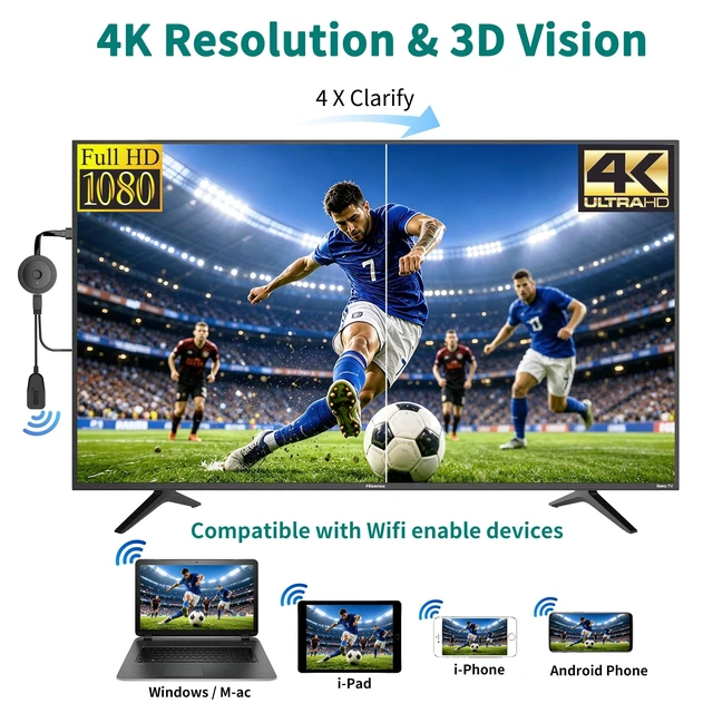 Alt view image 2 of 5 - 4K Wireless HDMI Display Dongle Adapter 1080P, WiFi Casting Movies, Shows Receiver for i-Phone, i-Pad, iOS, Android, Tablet, Laptop, Windows to HDTV/Monitor/Projector, Support Miracast Air Play