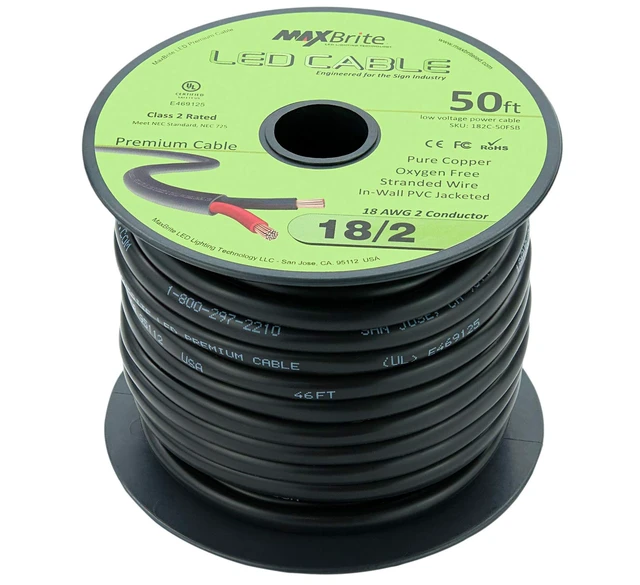 Alt view image 4 of 4 - 50 ft. 18AWG Low Voltage LED Cable 2 Conductor Black Sleeve in-Wall Speaker Wire UL Listed Class 2