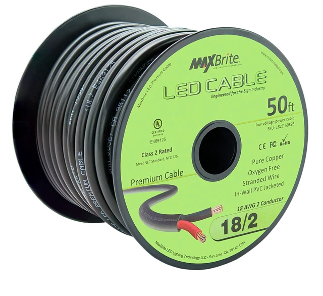 Alt view image 2 of 4 - 50 ft. 18AWG Low Voltage LED Cable 2 Conductor Black Sleeve in-Wall Speaker Wire UL Listed Class 2