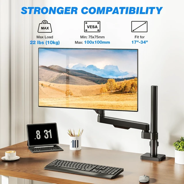Alt view image 2 of 5 - Single Monitor Arm Desk Mount for 17-34" Screens, VESA Stand Holds 22 lbs