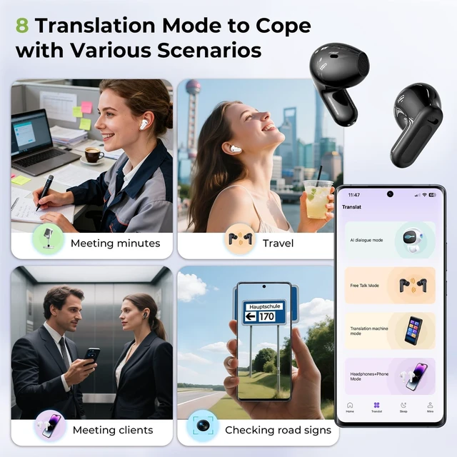 Alt view image 2 of 5 - NE20 AI translation earbuds real time, Language Translator Earbuds with LCD Touch Screen 6 Translation Modes Audifonos Traductores Ingles Espanol Support 165 Languages for Travel/Business/Learning