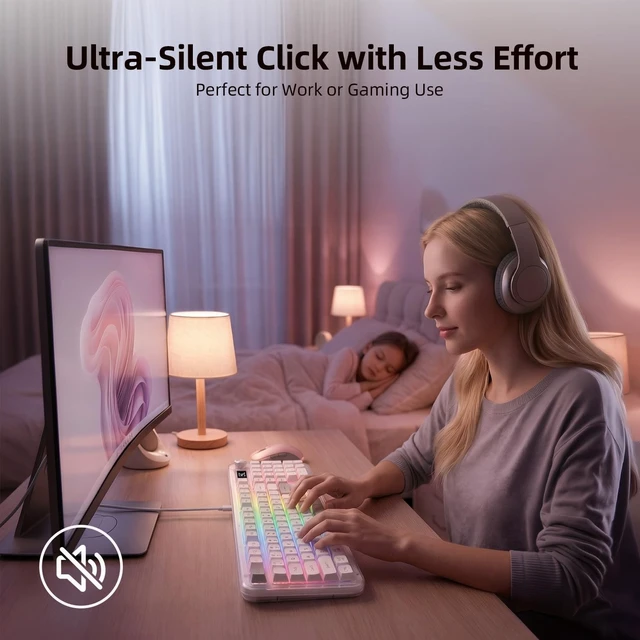 Alt view image 3 of 5 - AUSDOM K98pro Wireless Silent Creamy Keyboard, Tri-Mode BT/2.4G/USB-C Computer Keyboard with Number Pad, RGB Backlit Media Knob Keyboard, White
