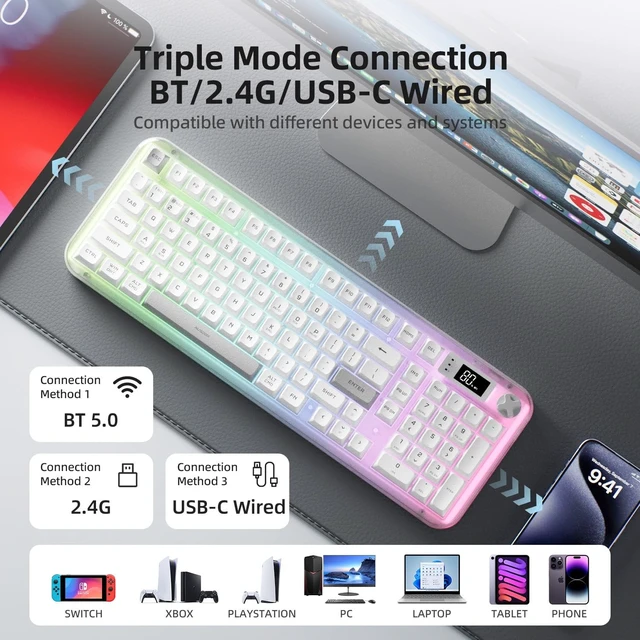 Alt view image 5 of 5 - AUSDOM K98pro Wireless Silent Creamy Keyboard, Tri-Mode BT/2.4G/USB-C Computer Keyboard with Number Pad, RGB Backlit Media Knob Keyboard, White
