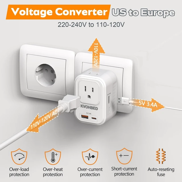 Alt view image 5 of 5 - Voltage Converter US to Europe Travel: 220V to 110V Converter for European Country, Adapter with Fast Charging 2 USB A&2 Type C Worldwide Power Converter Adapter Combo for Germ, France, Italy, etc