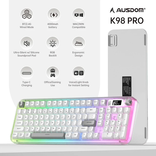 Alt view image 2 of 5 - AUSDOM K98pro Wireless Silent Creamy Keyboard, Tri-Mode BT/2.4G/USB-C Computer Keyboard with Number Pad, RGB Backlit Media Knob Keyboard, White