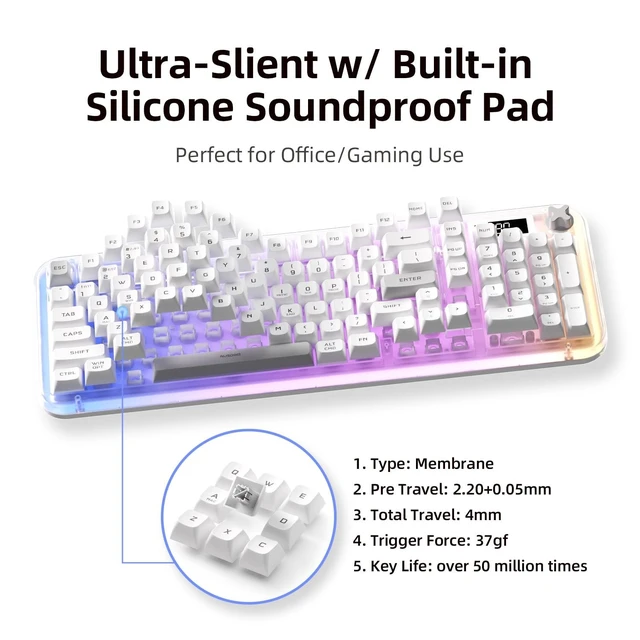 Alt view image 4 of 5 - AUSDOM K98pro Wireless Silent Creamy Keyboard, Tri-Mode BT/2.4G/USB-C Computer Keyboard with Number Pad, RGB Backlit Media Knob Keyboard, White