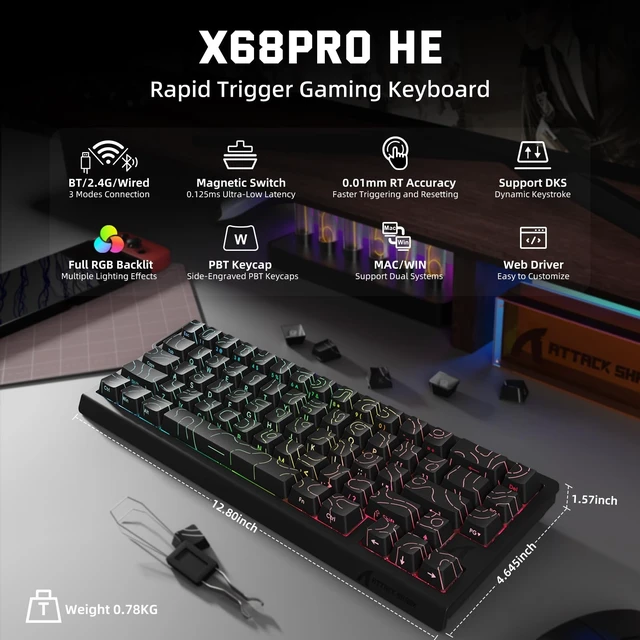 Alt view image 2 of 5 - ATTACK SHARK X68HE PRO Rapid Trigger Wireless Gaming Keyboard and X11 Mouse, 8K Polling Rate,Hall Effect Magnetic Switch Keyboard, Tri-Mode Mouse with Magnetic Charging Dock, 22000 DPI for PC M