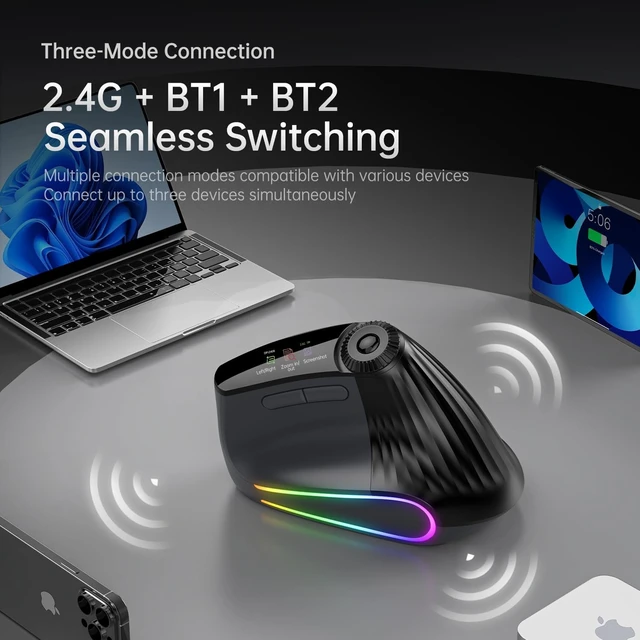 Alt view image 2 of 5 - Taimousetvs Ergonomic Wireless Mouse, Bluetooth Vertical Silent Mouse with LED Screen and Knob Control, Rechargeable, 4800 DPI, Hyper-Fast Scrolling, 3 Multi-Device Connections, for PC and Mac