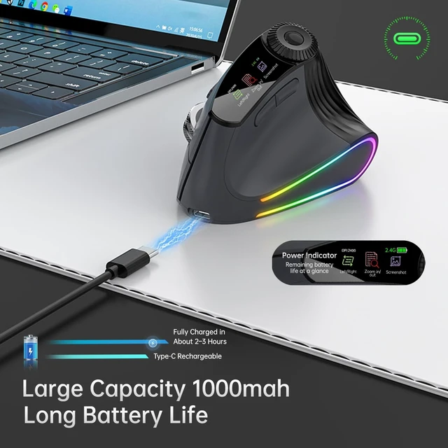 Alt view image 3 of 5 - Taimousetvs Ergonomic Wireless Mouse, Bluetooth Vertical Silent Mouse with LED Screen and Knob Control, Rechargeable, 4800 DPI, Hyper-Fast Scrolling, 3 Multi-Device Connections, for PC and Mac