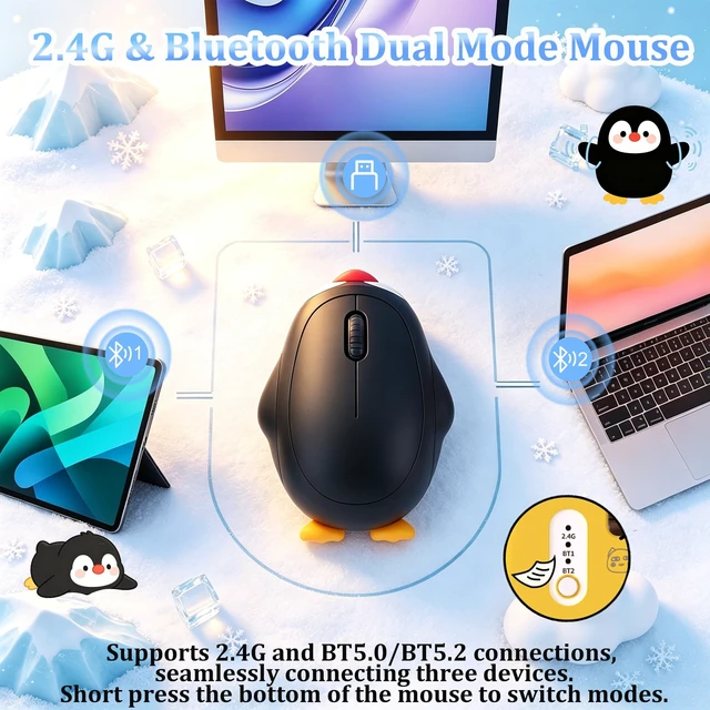 Alt view image 4 of 5 - Cute Penguin Wireless Bluetooth Mouse, 2.4G DualMode Rechargeable Mice