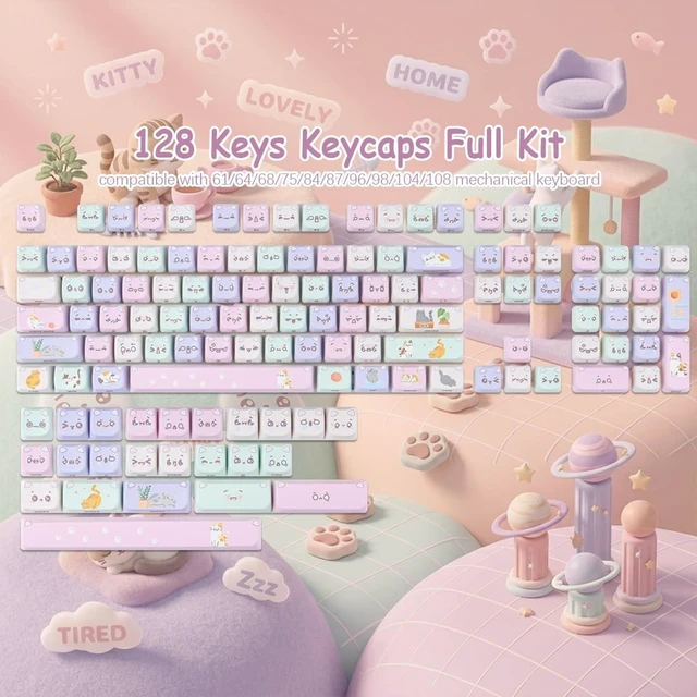Alt view image 2 of 5 - TYRIXKI PBT Keycaps,128 Keys Cute Macaron Cat Keycaps Set