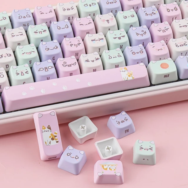 Alt view image 5 of 5 - TYRIXKI PBT Keycaps,128 Keys Cute Macaron Cat Keycaps Set