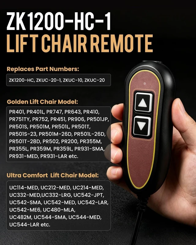 Alt view image 3 of 5 - ZK1200-HC ZK1200-HC-1 2-Button 5-Pin Lift Chair Recliner Remote, Compatible with Golden and Ultra Comfort Lift Chairs ^^ Okin or Limoss Motors, 180 5-Pin Plug, Backlight, USB Port, 1-Year Warr-anty
