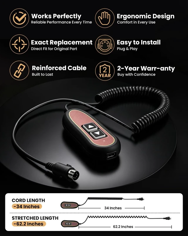 Alt view image 2 of 5 - ZK1200-HC ZK1200-HC-1 2-Button 5-Pin Lift Chair Recliner Remote, Compatible with Golden and Ultra Comfort Lift Chairs ^^ Okin or Limoss Motors, 180 5-Pin Plug, Backlight, USB Port, 1-Year Warr-anty