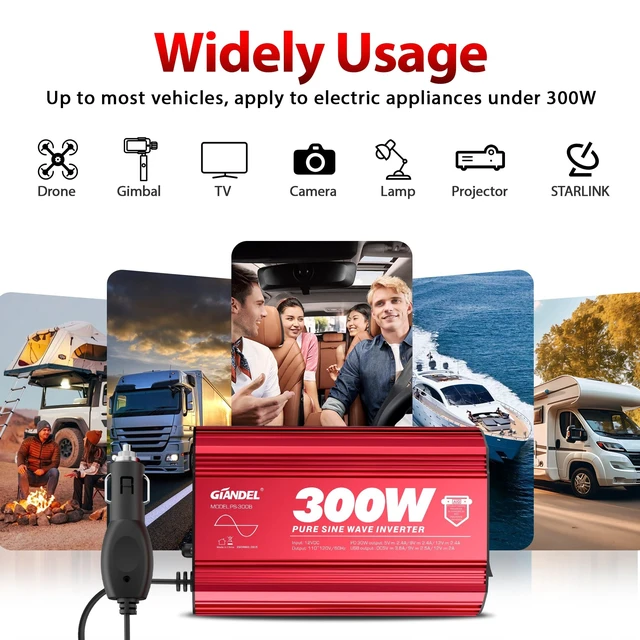 Alt view image 2 of 5 - 300 Watt Pure Sine Wave Car Power Inverter, PD30W USB-C and QC 3.0 Fast Charger Car Converter Adapter for Smartphones Laptops Tablets Starlink