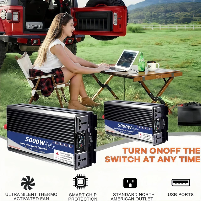 Alt view image 3 of 5 - 5000W Power Inverter 24V DC to 110V AC Converter with LED Display Dual AC Outlets Dual Fans Radiating for RV, Camp, Boat and Home Emergency Portable Pure Sine Wave Inverter (Smart Screen, 5000W 24V)