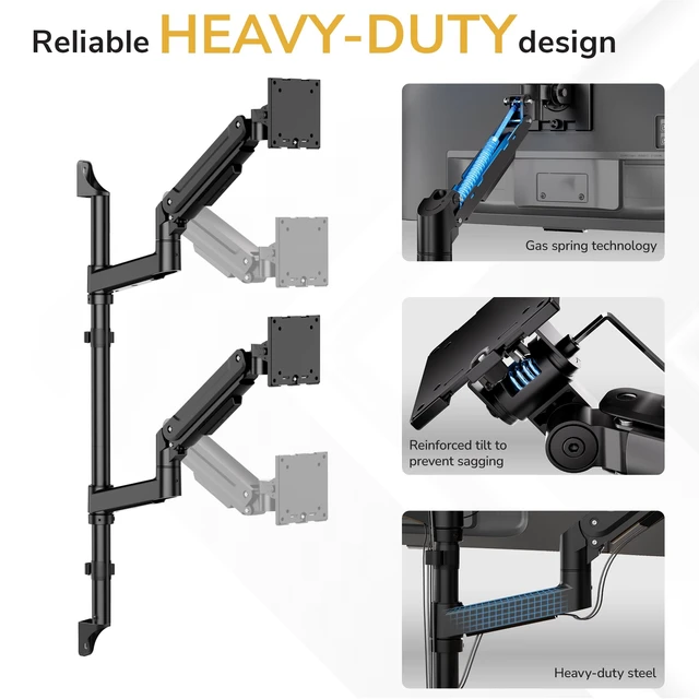 Alt view image 2 of 5 - Mount-It! Dual Stacked Monitor Wall Mount, Heavy-Duty Gas Spring, 17-49 in