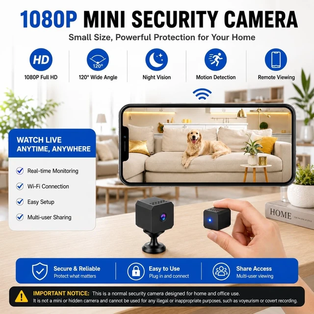 Alt view image 2 of 5 - Mini Security Camera, 1080P HD Wireless Indoor Camera with Night Vision