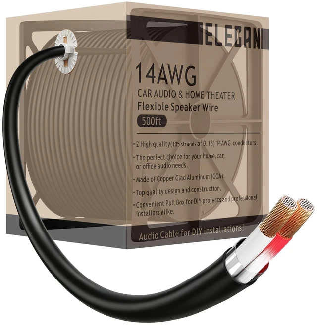 Main image of 14 Gauge 2 Conductor Speaker Wire 500 Ft Easy-Pull Box, 14 AWG CCA CL2 Low Voltage Parallel DC Hookup Alarm Cable, Outdoor UV Resistant in-Wall for LED Security Systems Home Theater Car Audio-Black
